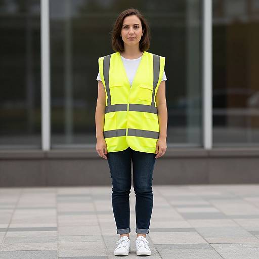 Photograph of a young woman with medium-length brown hair, wearing a bright yellow safety vest, white shirt, dark jeans, and white sneakers, standing