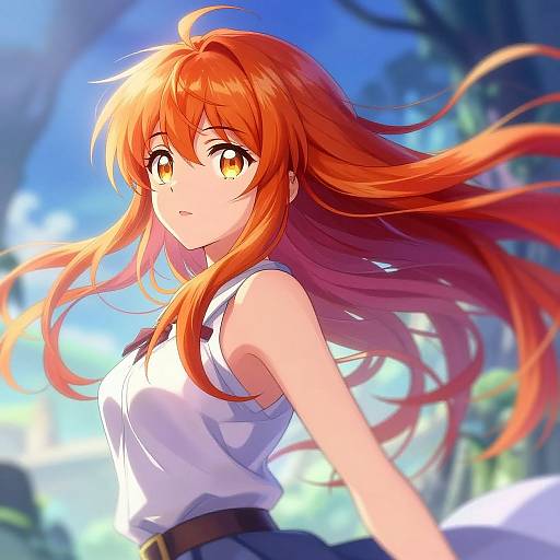 Anime-style digital illustration of a red-haired girl with golden eyes, wearing a white sleeveless top, standing in a bright, sunlit forest. Her