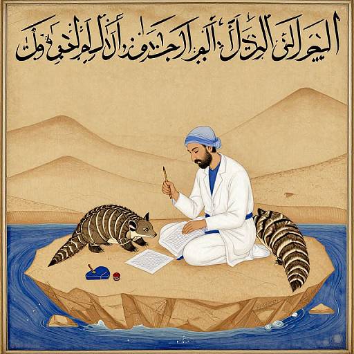 Illustration: Bearded man in white robe and blue headscarf sits on desert rock, writing, with two striped badgers by blue water,