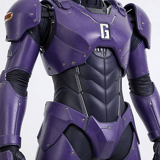 Photograph of a purple, futuristic, armored humanoid figure with black accents and a white number 