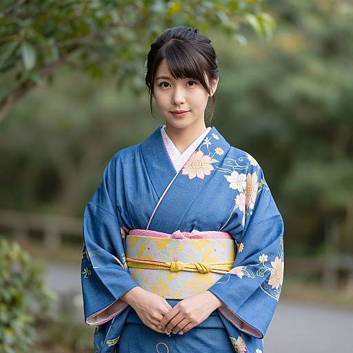 Photograph of a young Japanese woman in a blue floral kimono with a yellow obi, standing outdoors among green trees.