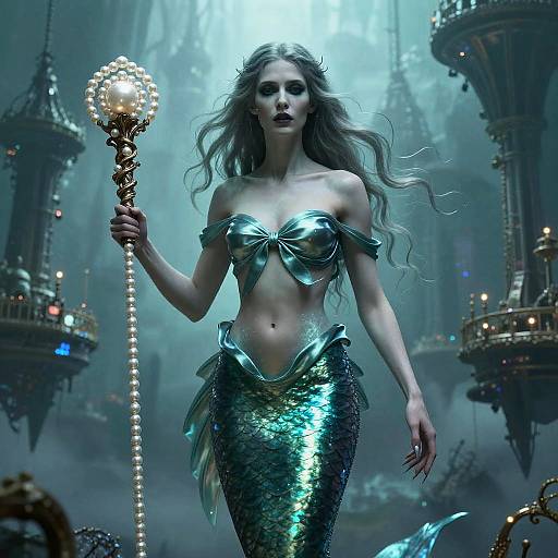 Digital artwork of a beautiful, long-haired mermaid with a shimmering green and gold scale tail, holding an ornate staff, in a mystical,