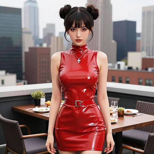 Woman in glossy red mini dress on rooftop dining