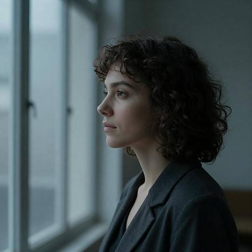 Pensive Woman in Softly Lit Blue Room