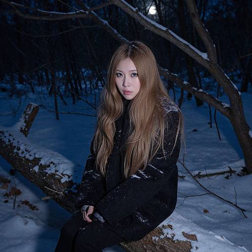 Photograph of a young woman with long, wavy brown hair, wearing a black coat, sitting on a snow-covered log in a dark, moon