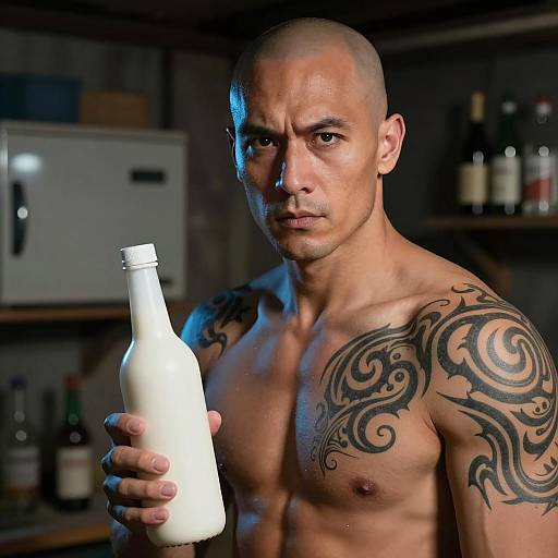 Tribal Tattooed Man in Dim Basement