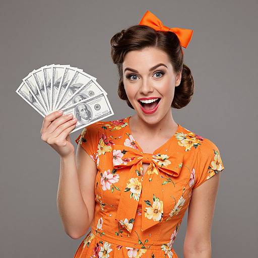 Joyful Woman Holding Fan of Cash