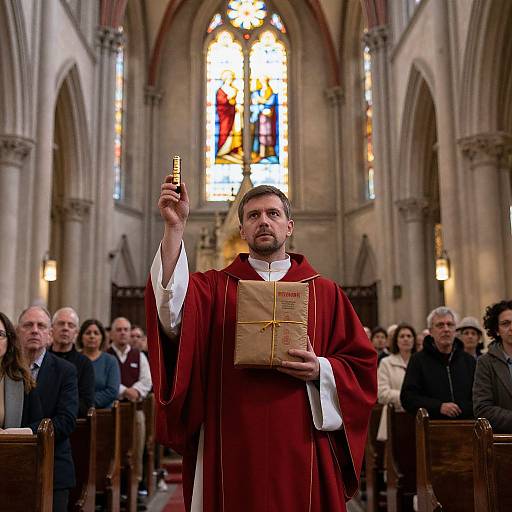 Photograph of a male priest in red vestments holding a chalice and book, standing in a Gothic-style church with stained glass windows, facing a