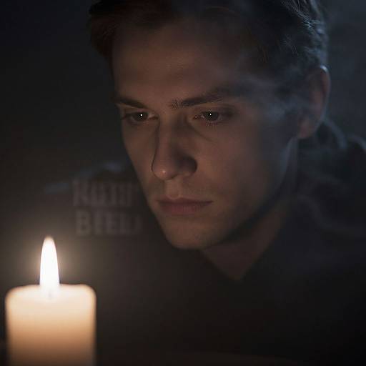 Close-up photograph of a serious, dimly-lit man with short dark hair, gazing at a single, glowing candle in a dark background.