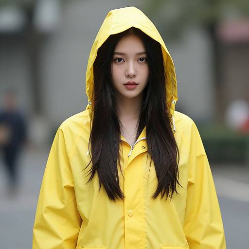 Photograph of an Asian woman with long black hair, wearing a bright yellow raincoat with hood, standing in a blurred urban street background.