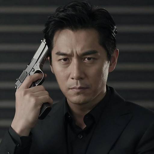 Man in black suit holding gun to head