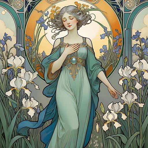 Art Nouveau Woman in Iris Garden