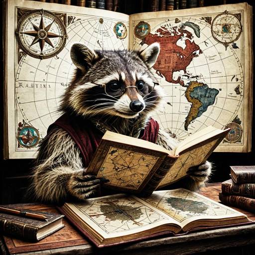 Raccoon Scholar with Ancient Maps