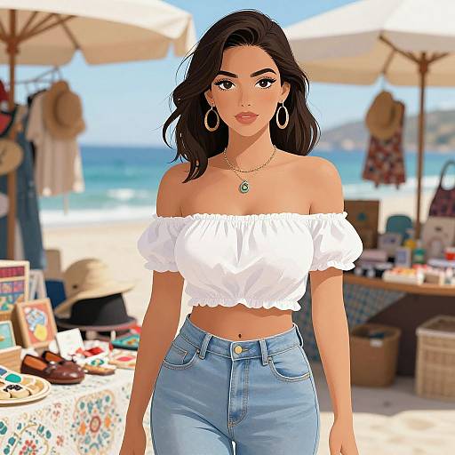 Digital illustration of a confident, dark-haired woman with hoop earrings, wearing a white off-shoulder crop top and high-waisted blue jeans,