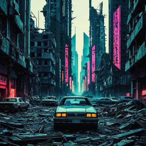 Dystopian Ruined Futuristic Metropolis with Neon Signs Dystopian Ruined Futuristic Metropolis with Neon Signs