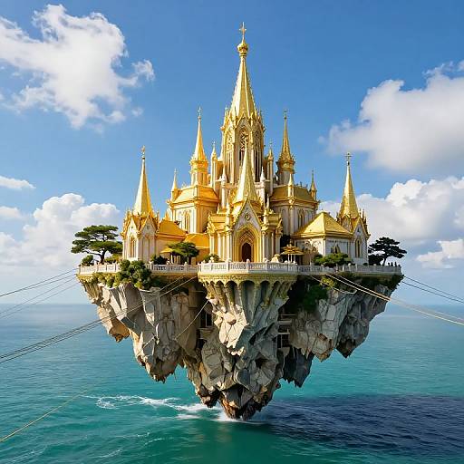 Photorealistic CGI of a golden, Gothic-style castle with spires and arches, floating on a rocky cliff above turquoise ocean, under a bright