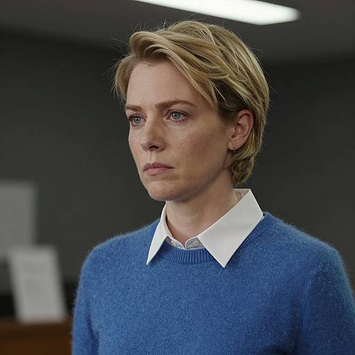 Serious Woman in Blue Sweater