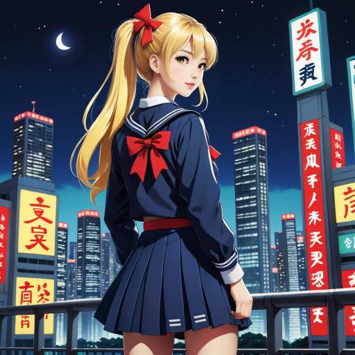 Anime Girl in Sailor School Uniform at Night Cityscape