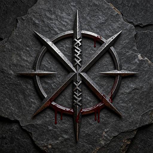 Photograph of a metallic, blood-stained pentagram with jagged spikes, centered on a textured, dark gray rock background.