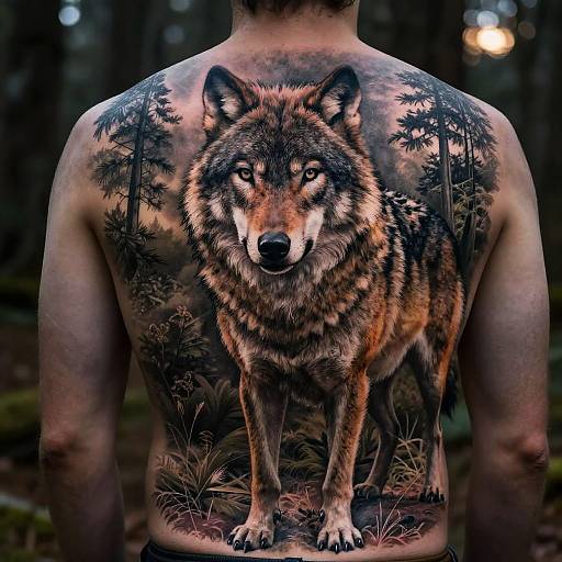 Tattooed man's back features realistic wolf standing in forest, with trees and forest floor details, in a dark, wooded background. Photograph.