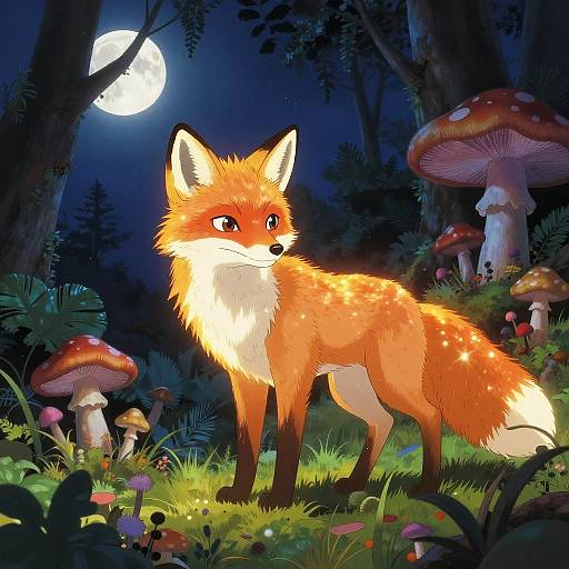 Moonlit Bioluminescent Fox in Mushroom Grove