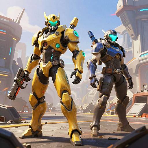 Photorealistic CGI of two futuristic, armored warriors in a sci-fi city; one in yellow with a gun, the other in blue. Both have