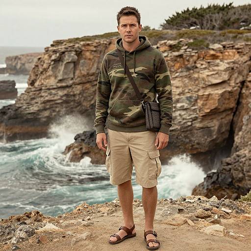 Photograph of a man in camouflage hoodie, beige cargo shorts, brown sandals, and black camera strap, standing on rocky coastal cliff with ocean waves in