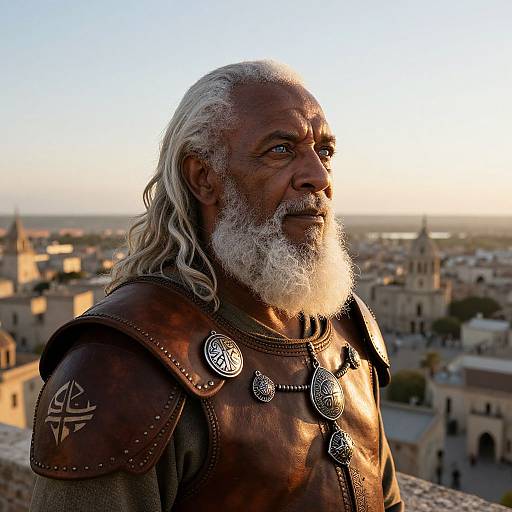 Photograph of an older, bearded man with long white hair, wearing leather armor with silver runes, standing on a rooftop at sunset, overlooking a