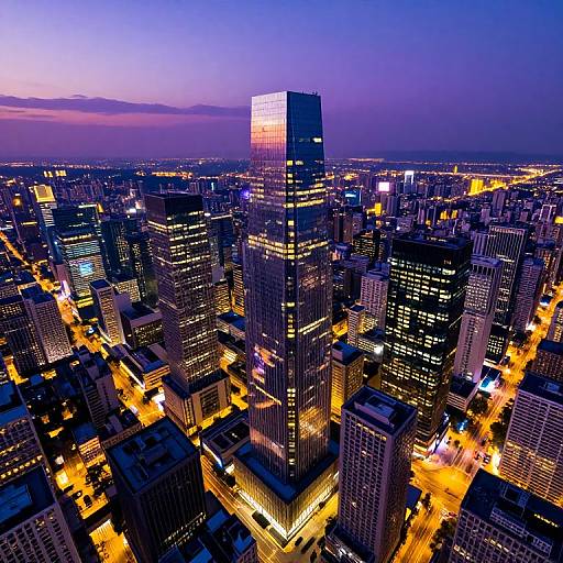 Aerial photograph of a cityscape at dusk, featuring illuminated skyscrapers with orange streetlights, a prominent reflective high-rise, and a purple-blue