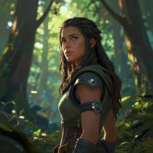 Digital art of a determined young woman with messy brown hair, wearing armored shoulder pads, standing in a sunlit, dense forest.
