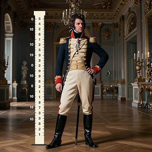 Photograph of a tall, stern-looking military officer in 18th-century uniform, standing in an opulent, ornately decorated room, height marked