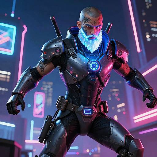 CGI image of a bald, muscular man with a glowing blue beard, wearing black neon-lit futuristic armor, standing in a neon-lit city