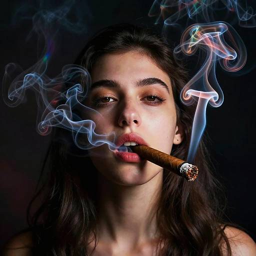 Photograph of a young woman with long dark hair, brown eyes, and fair skin, smoking a cigar with blue-tinted smoke swirling around her