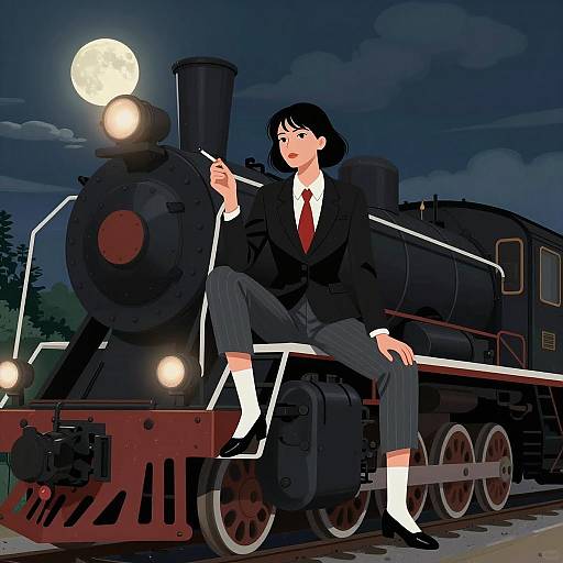 Elegant Woman on a Steam Train at Night