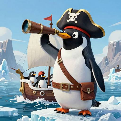 Penguin Pirate Captain Leading Crew