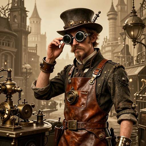 Steampunk inventor in a brown leather apron, brass goggles, and top hat, adjusting goggles in a foggy, Victorian cityscape.
