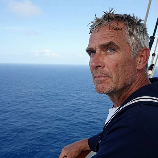 Photograph of a middle-aged man with gray hair and blue eyes, wearing a black shirt with white trim, looking out at a vast, calm blue