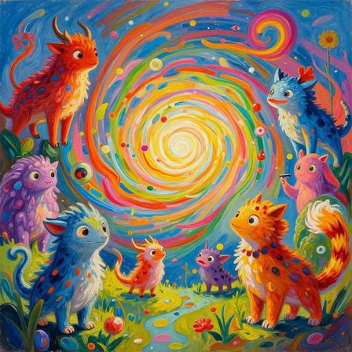 Vibrant digital painting of colorful, fantasy creatures with fluffy fur standing in a whimsical, rainbow-swirled garden under a bright sun.
