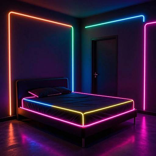 Neon-lit bedroom photograph: Vibrant, multicolored LED lights outline bed, headboard, and walls, casting colorful reflections on dark floor