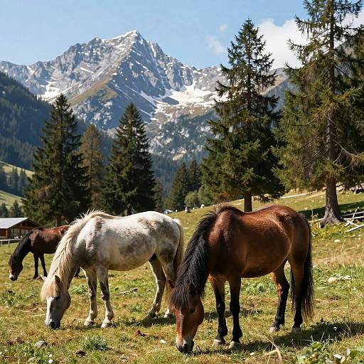 Calm Horses Grazing in Alpine Valley