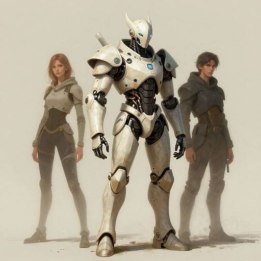 Digital artwork of a white-armored, blue-eyed robot standing between a brown-haired woman in gray armor and a dark-haired man in brown attire.