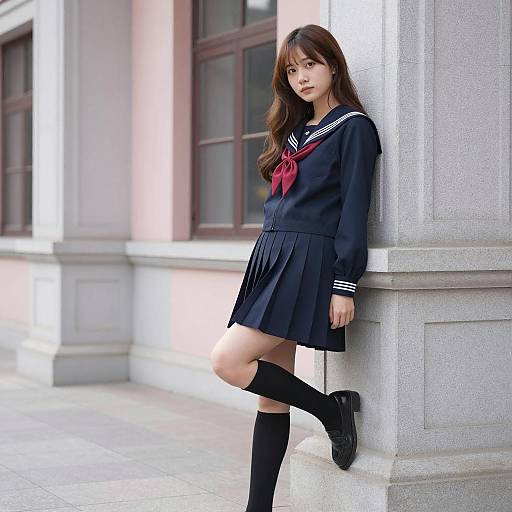 Schoolgirl Pose Against Gray Pillar