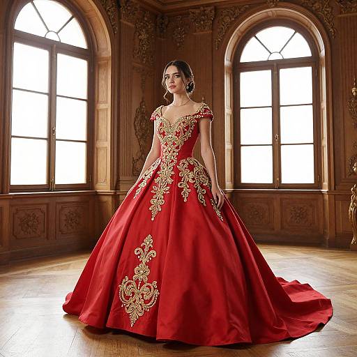 Photograph of a woman in an ornate, red ball gown with gold embroidery, standing in an elegant, wooden-paneled room with tall, ar