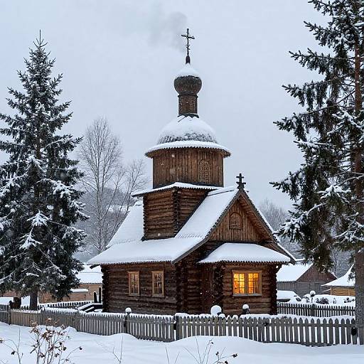 Cozy Winter Village with Wooden Church