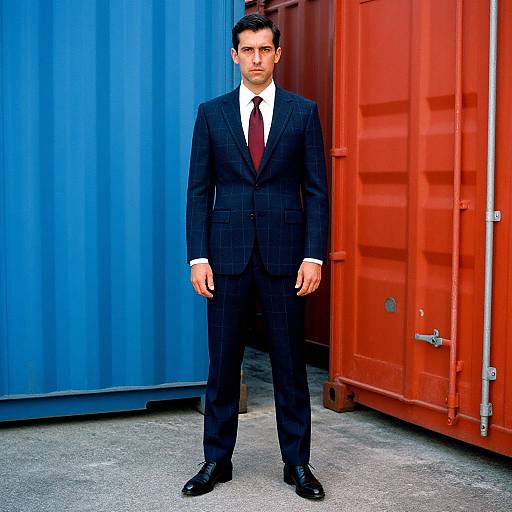Confident Man in Navy Windowpane Suit
