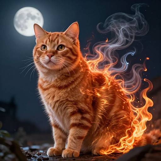 Photorealistic image of an orange tabby cat with flames engulfing its body, standing under a full moon in a dark night sky.