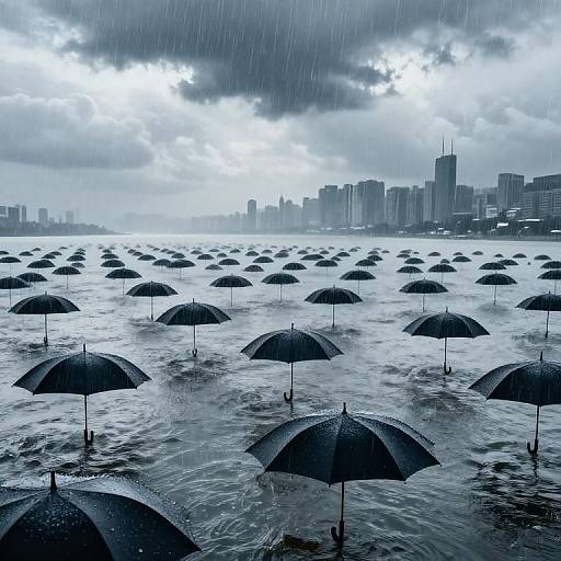 City Sheltered by Floating Umbrellas