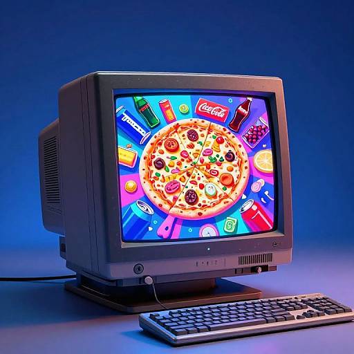 Photograph of an old CRT monitor displaying a colorful, vibrant pizza-themed screen saver with various food icons, set against a blue gradient background, with a