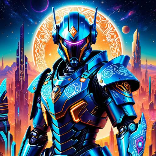 Cybernetic Knight in Celestial Cityscape Cybernetic Knight in Celestial Cityscape
