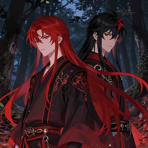 Digital anime-style artwork of two male characters with long red and black hair, red eyes, wearing dark, ornate robes, standing back-to-back in